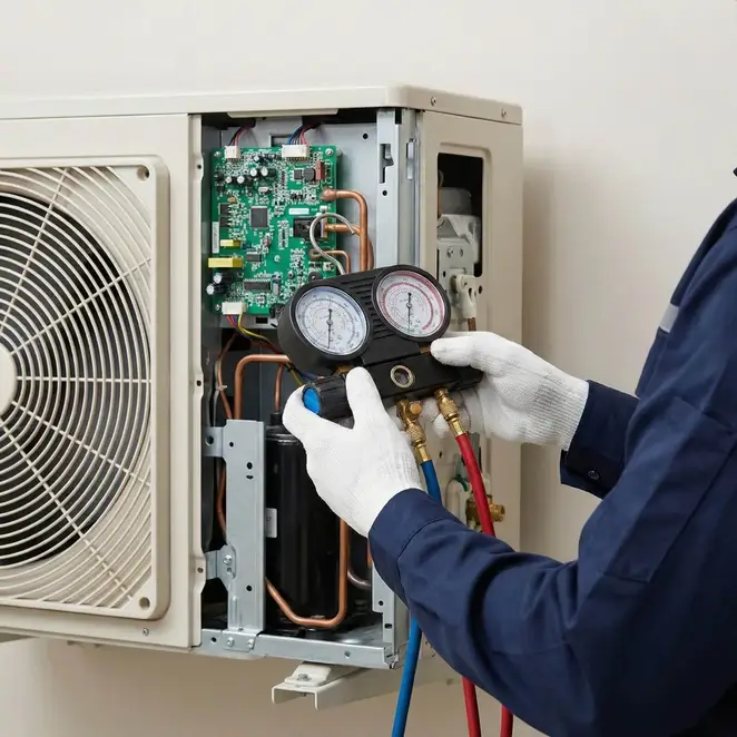 Técnico a realizar diagnóstico e reparação de sistema de climatização